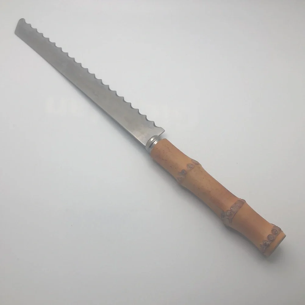 Vintage Japan Bread Knife Bamboo Cane Handle Stainless Steel Serrated 12